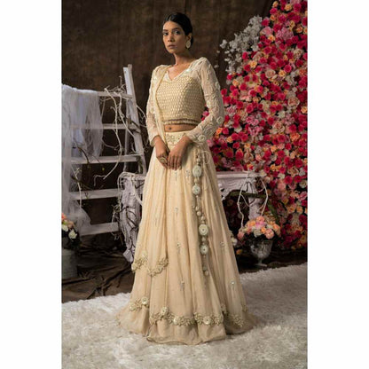 Farha Syed Ivory Champagne Hand Embroidered Lehenga (Set of 4)