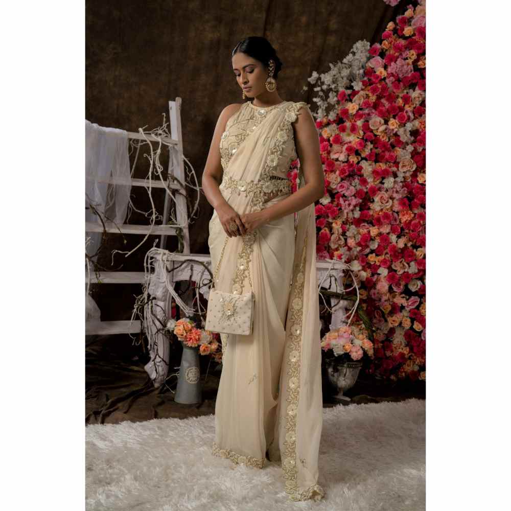 Farha Syed Ivory Champagne Hand Embroidered Saree with Semi-Stitched Blouse
