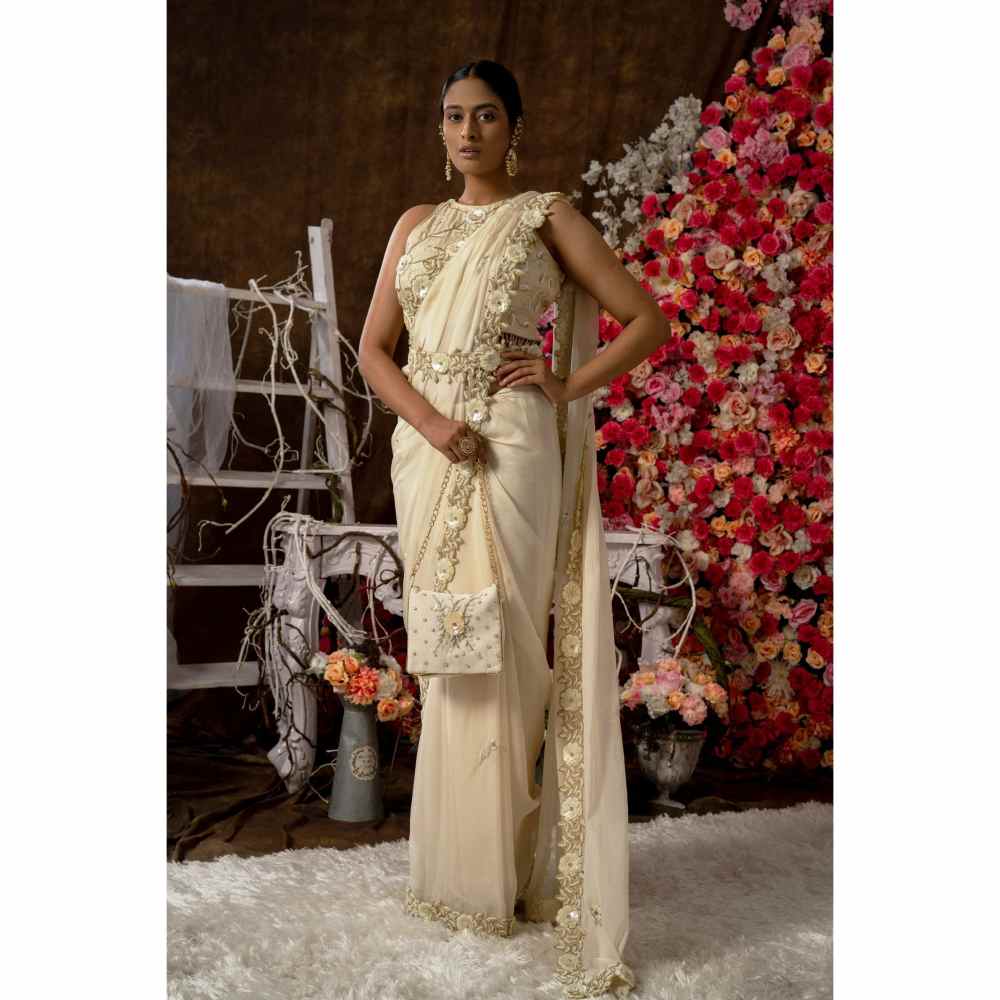 Farha Syed Ivory Champagne Hand Embroidered Saree with Semi-Stitched Blouse