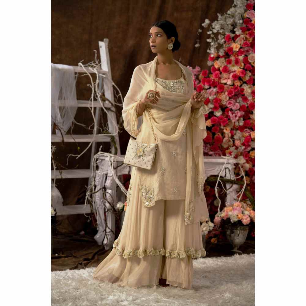 Farha Syed Ivory Champagne Double Layer Sharara (Set of 4)