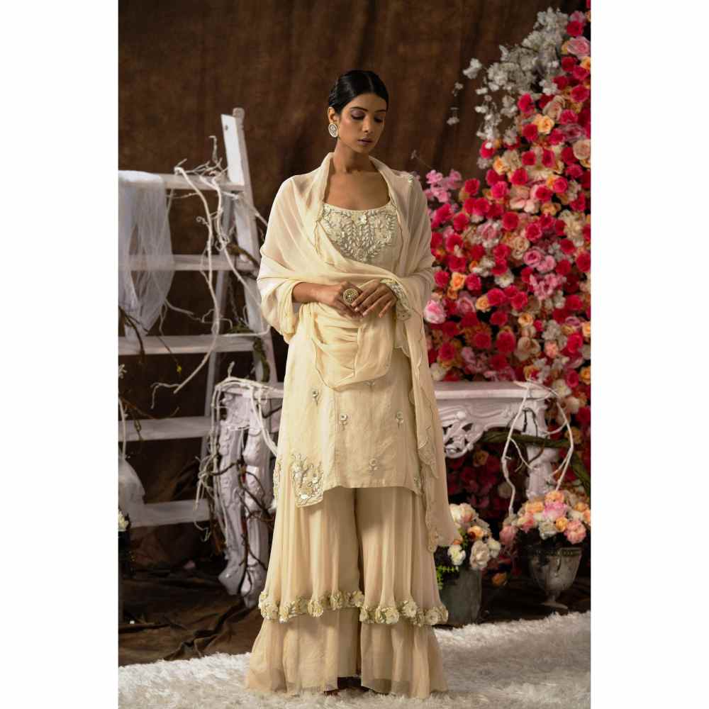 Farha Syed Ivory Champagne Double Layer Sharara (Set of 4)