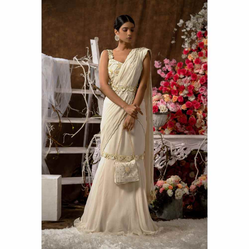 Farha Syed Ready To Wear Ivory Champagne Saree with Semi-Stitched Blouse