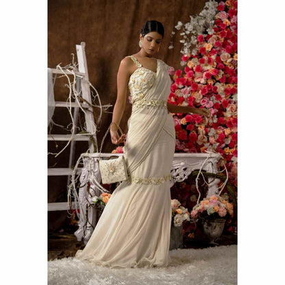 Farha Syed Ready To Wear Ivory Champagne Saree with Semi-Stitched Blouse