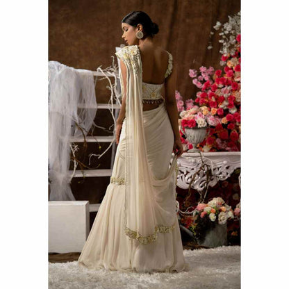 Farha Syed Ready To Wear Ivory Champagne Saree with Semi-Stitched Blouse
