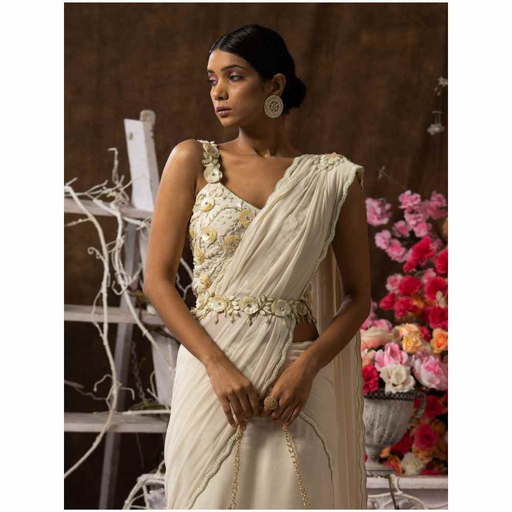 Farha Syed Ready To Wear Ivory Champagne Saree with Semi-Stitched Blouse