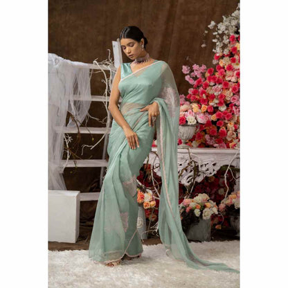 Farha Syed Mint Green Saree with Semi-Stitched Blouse