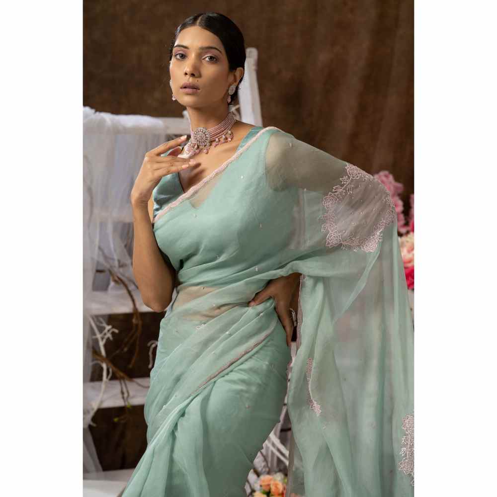 Farha Syed Mint Green Saree with Semi-Stitched Blouse
