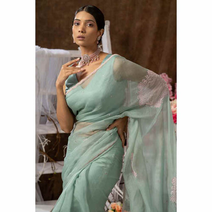 Farha Syed Mint Green Saree with Semi-Stitched Blouse
