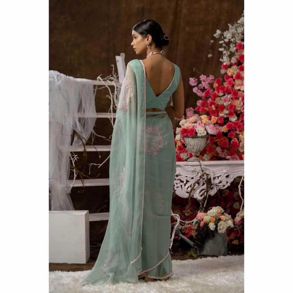 Farha Syed Mint Green Saree with Semi-Stitched Blouse