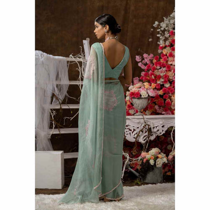 Farha Syed Mint Green Saree with Semi-Stitched Blouse