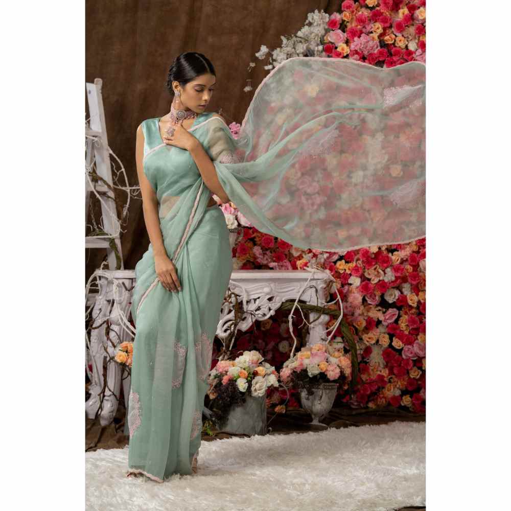 Farha Syed Mint Green Saree with Semi-Stitched Blouse