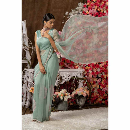 Farha Syed Mint Green Saree with Semi-Stitched Blouse