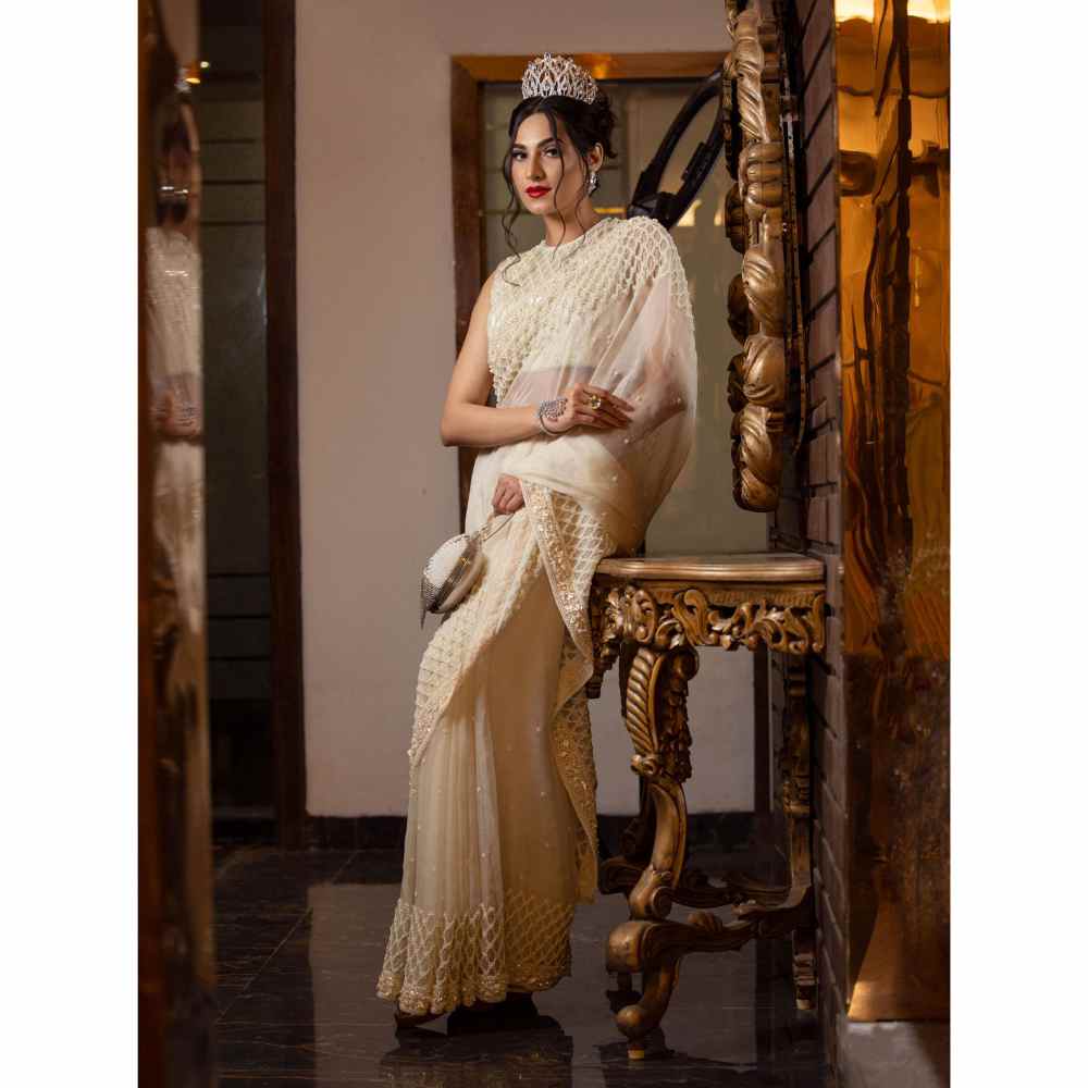 Farha Syed Ivory Saree with Semi-Stitched Blouse