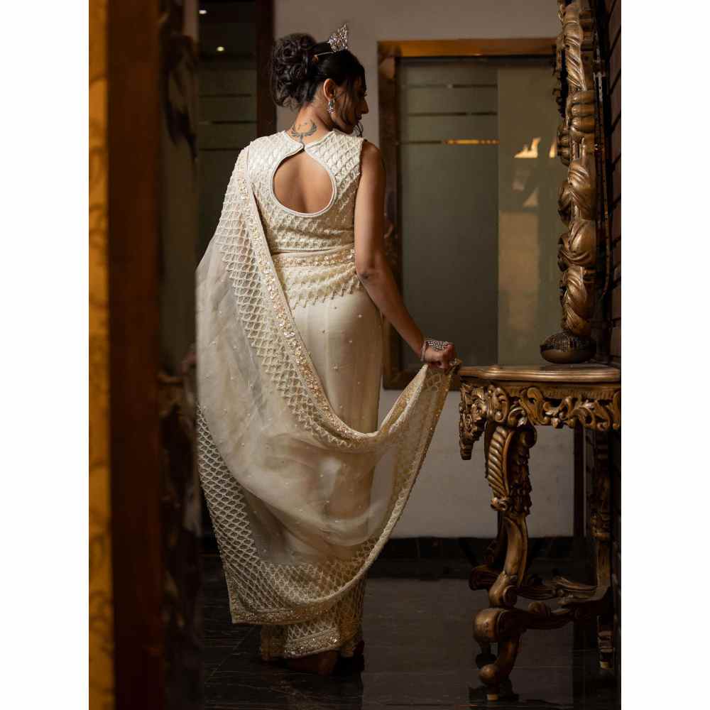 Farha Syed Ivory Saree with Semi-Stitched Blouse