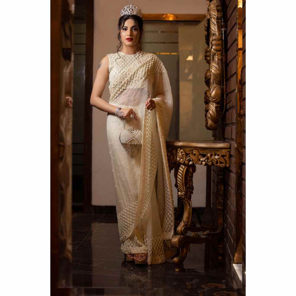 Farha Syed Ivory Saree with Semi-Stitched Blouse