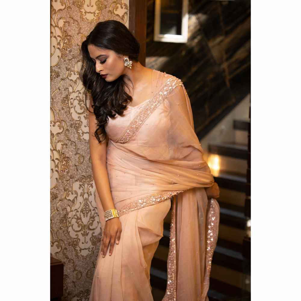 Farha Syed Pink Saree with Semi-Stitched Blouse