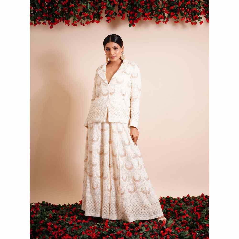 Farha Syed 3 Piece Off White Blazer With Sharara And Bustier (Set of 3)