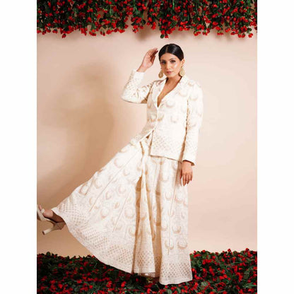 Farha Syed 3 Piece Off White Blazer With Sharara And Bustier (Set of 3)