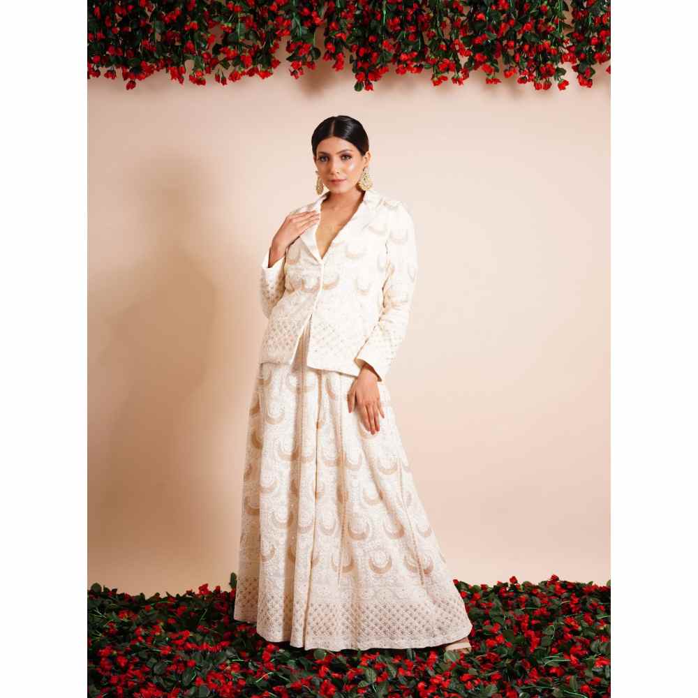 Farha Syed 3 Piece Off White Blazer With Sharara And Bustier (Set of 3)