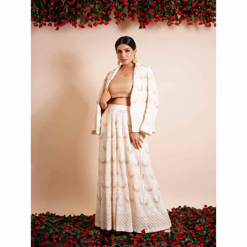 Farha Syed 3 Piece Off White Blazer With Sharara And Bustier (Set of 3)