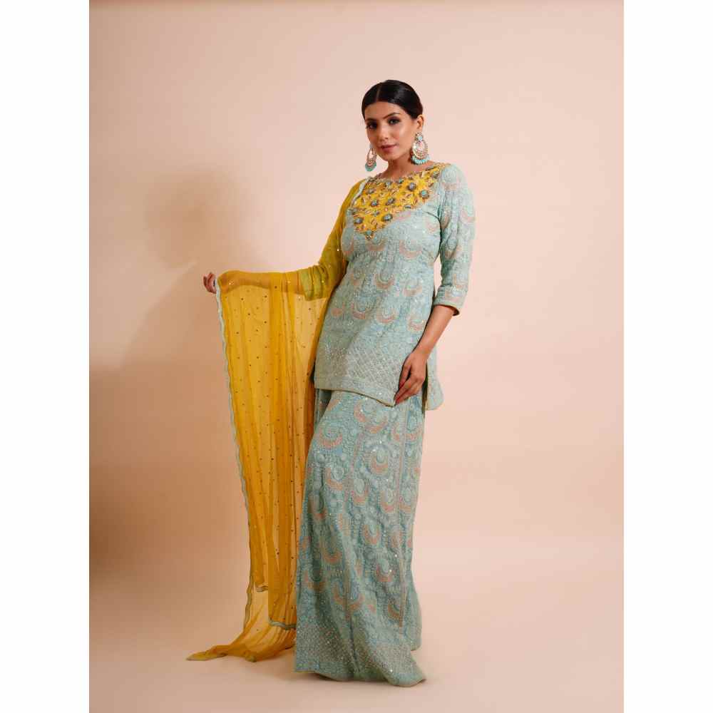 Farha Syed 3 Piece Blue Sharara With Kurta And Dupatta (Set of 3)