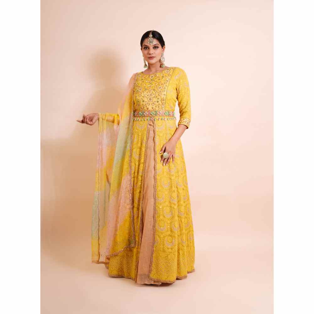 Farha Syed 4 Piece Mustard Anarkali Kurta With Dupatta Belt And Skirt (Set of 4)