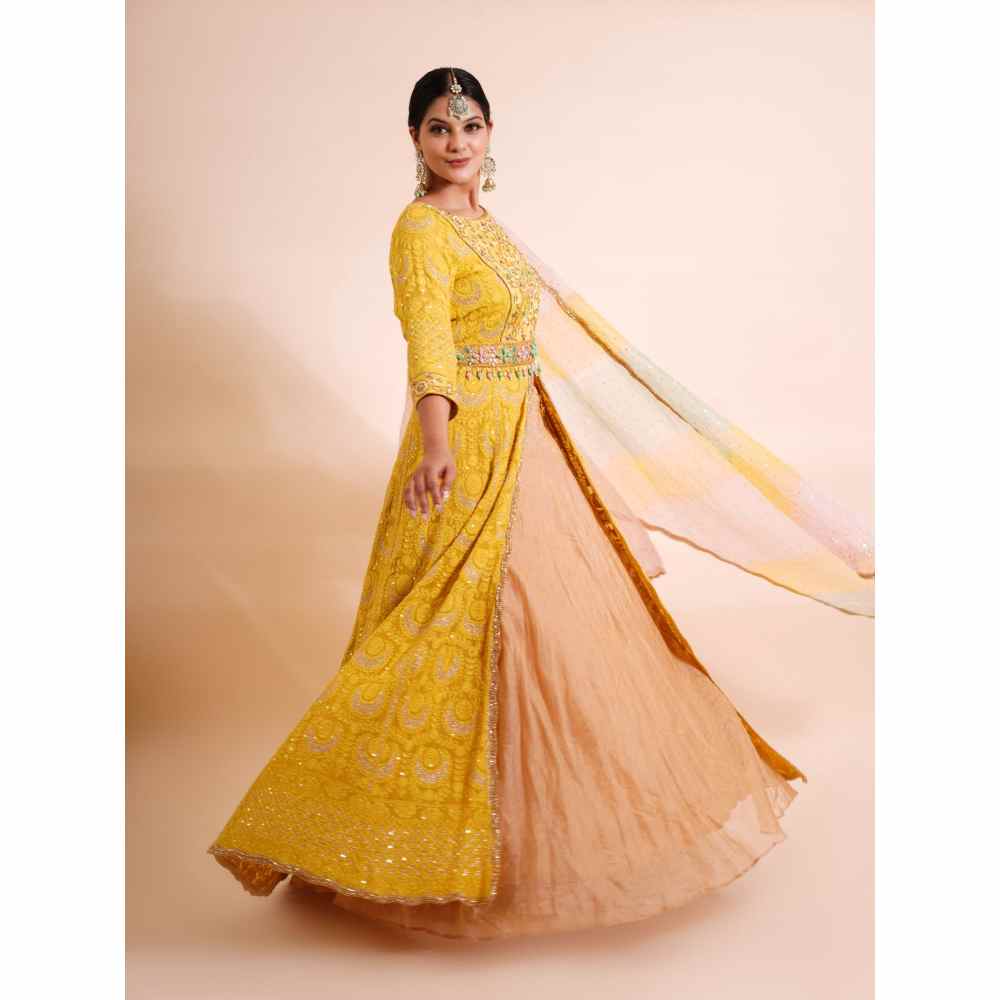 Farha Syed 4 Piece Mustard Anarkali Kurta With Dupatta Belt And Skirt (Set of 4)