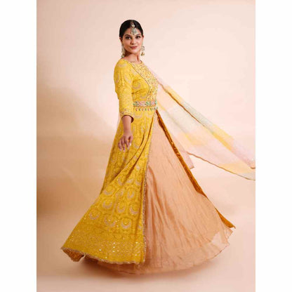 Farha Syed 4 Piece Mustard Anarkali Kurta With Dupatta Belt And Skirt (Set of 4)