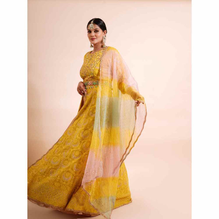 Farha Syed 4 Piece Mustard Anarkali Kurta With Dupatta Belt And Skirt (Set of 4)