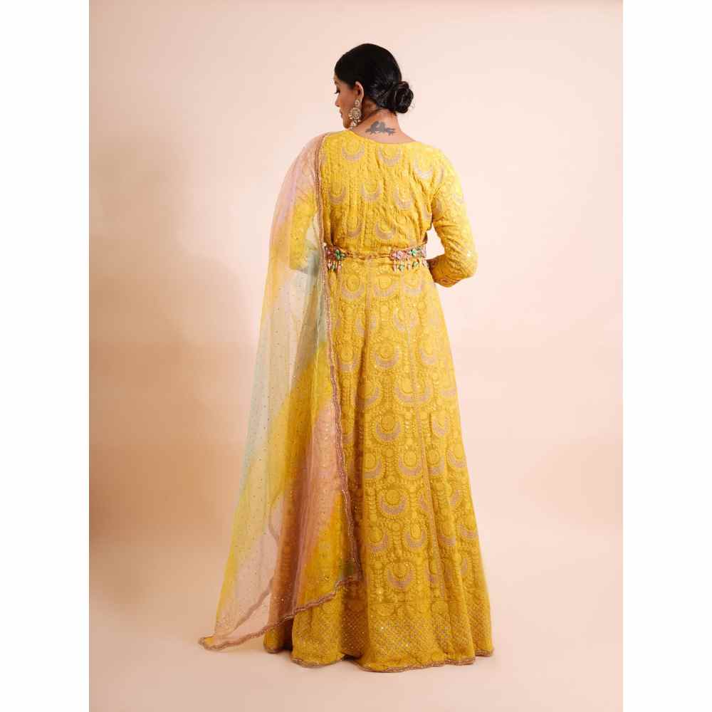 Farha Syed 4 Piece Mustard Anarkali Kurta With Dupatta Belt And Skirt (Set of 4)