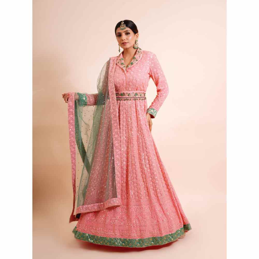 Farha Syed 3 Piece Pink Anarkali Kurta With Dupatta And Belt (Set of 3)