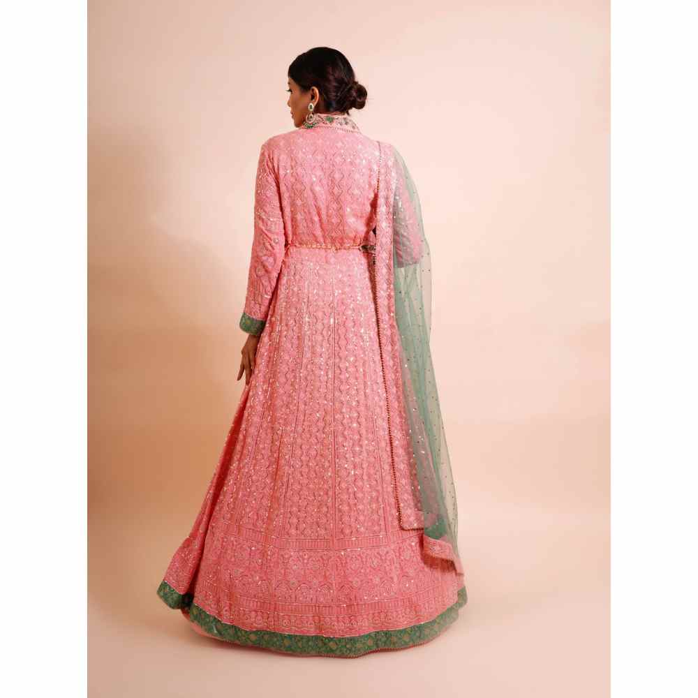 Farha Syed 3 Piece Pink Anarkali Kurta With Dupatta And Belt (Set of 3)