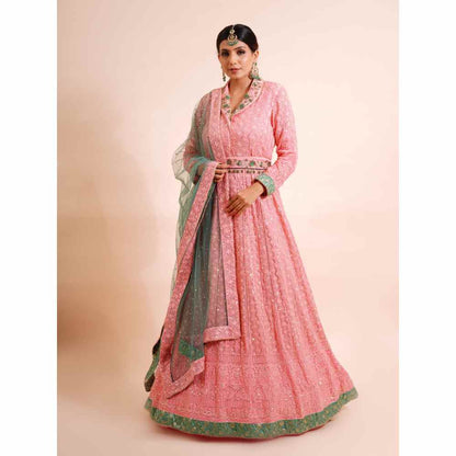 Farha Syed 3 Piece Pink Anarkali Kurta With Dupatta And Belt (Set of 3)