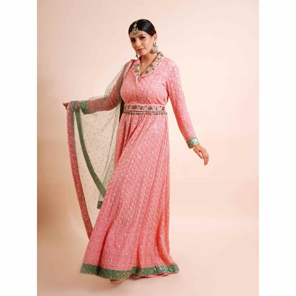 Farha Syed 3 Piece Pink Anarkali Kurta With Dupatta And Belt (Set of 3)