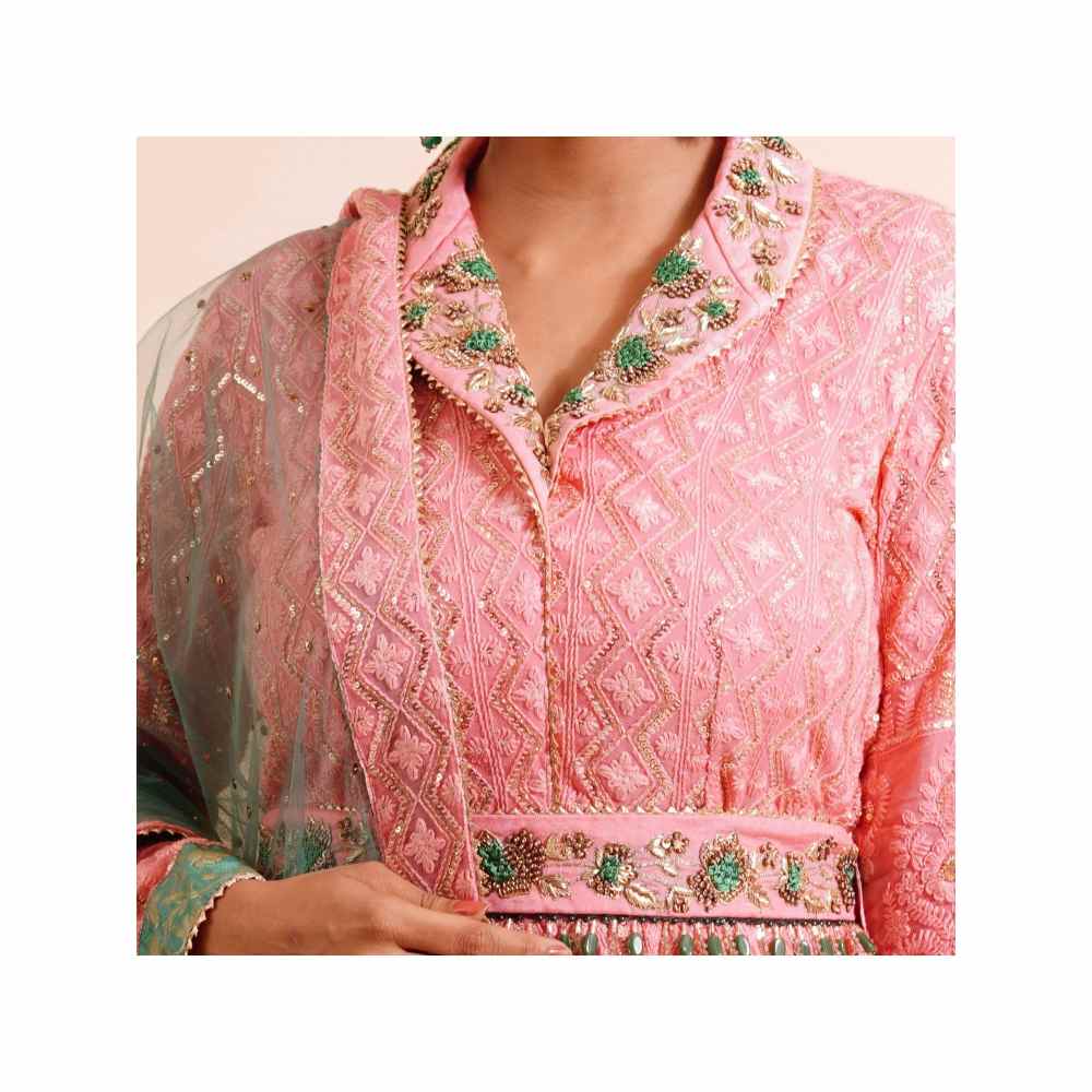 Farha Syed 3 Piece Pink Anarkali Kurta With Dupatta And Belt (Set of 3)