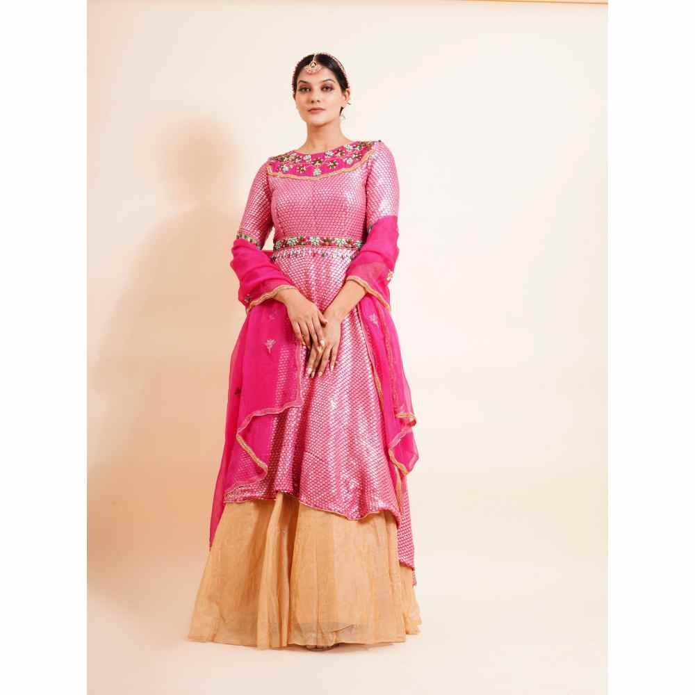 Farha Syed 4 Piece Pink Anarkali Kurta With Dupatta Belt And Skirt (Set of 4)