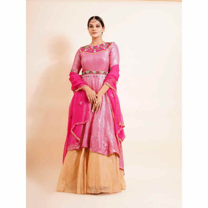 Farha Syed 4 Piece Pink Anarkali Kurta With Dupatta Belt And Skirt (Set of 4)