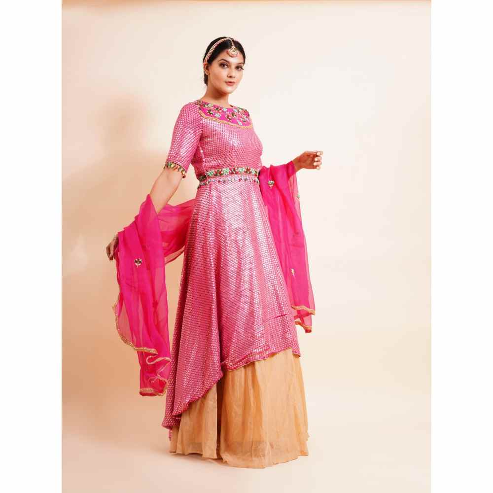 Farha Syed 4 Piece Pink Anarkali Kurta With Dupatta Belt And Skirt (Set of 4)
