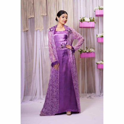 Farha Syed Violet Hand Embellished Shrug with Gown (Set of 3)