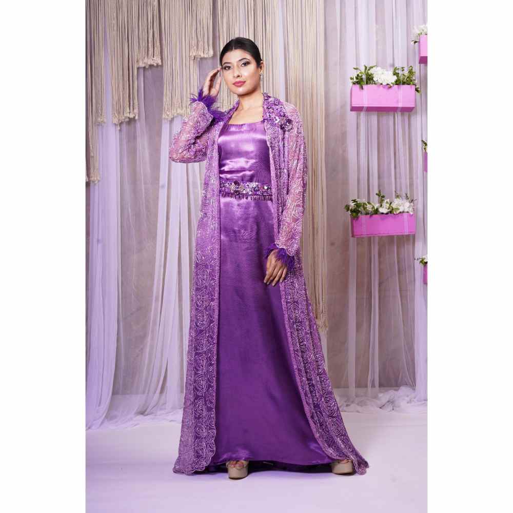 Farha Syed Violet Hand Embellished Shrug with Gown (Set of 3)