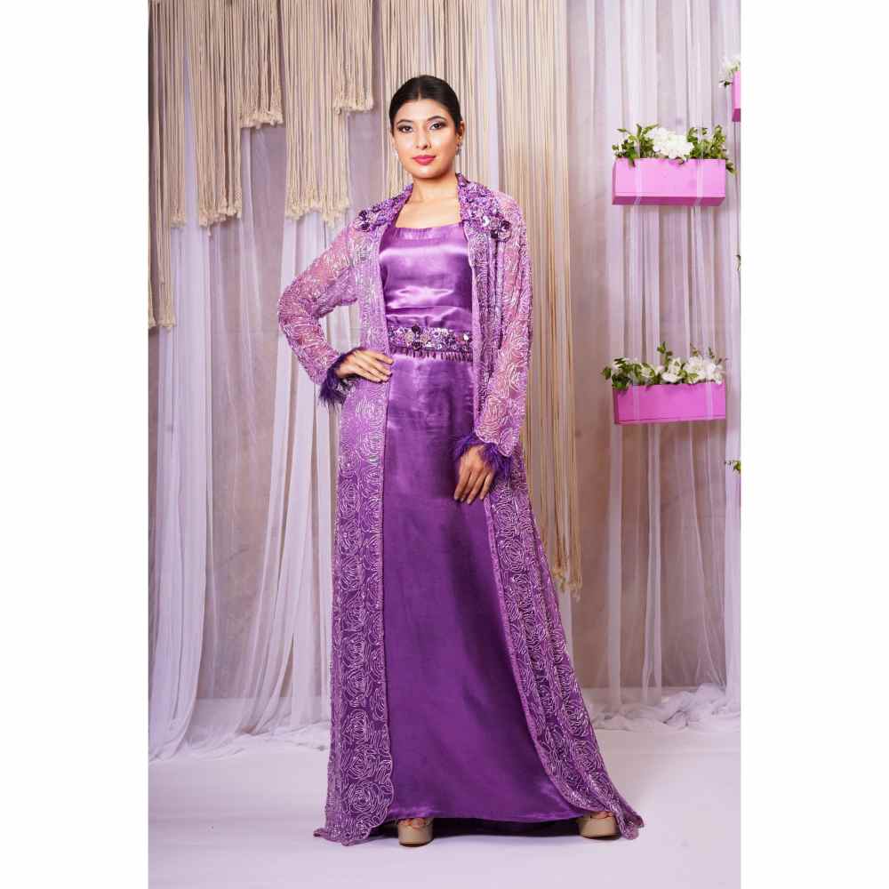 Farha Syed Violet Hand Embellished Shrug with Gown (Set of 3)