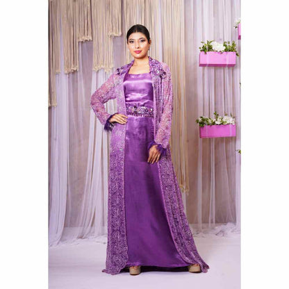 Farha Syed Violet Hand Embellished Shrug with Gown (Set of 3)