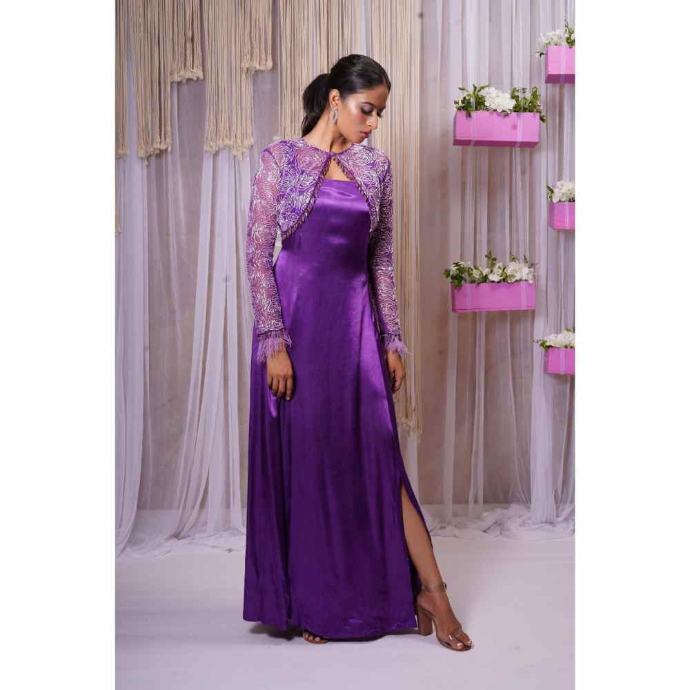 Farha Syed Electric Purple Hand Embroidered Short Shrug with Gown (Set of 2)