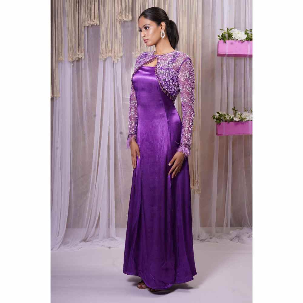 Farha Syed Electric Purple Hand Embroidered Short Shrug with Gown (Set of 2)