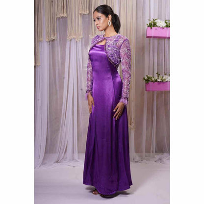Farha Syed Electric Purple Hand Embroidered Short Shrug with Gown (Set of 2)