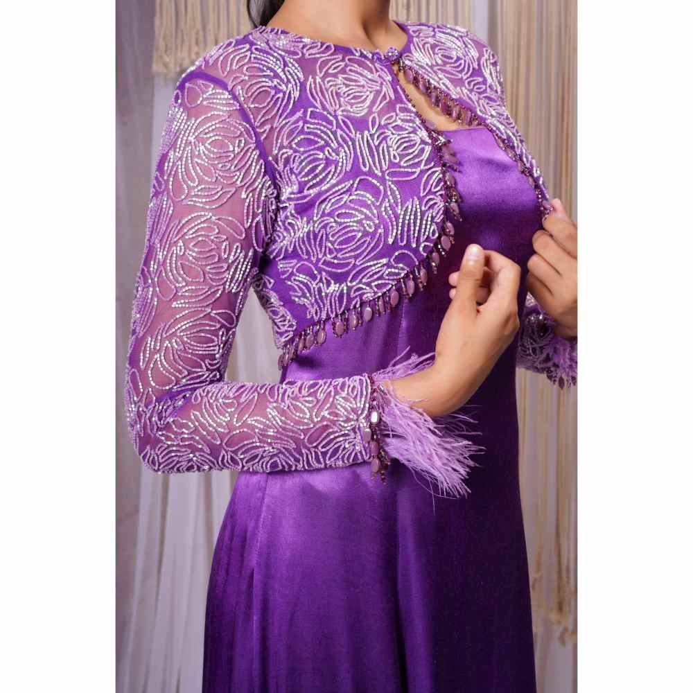 FS Closet by Farha Syed Electric Purple Hand Embroidered Short Shrug with Gown (Set of 2)