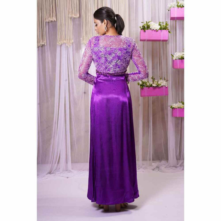 Farha Syed Electric Purple Hand Embroidered Short Shrug with Gown (Set of 2)