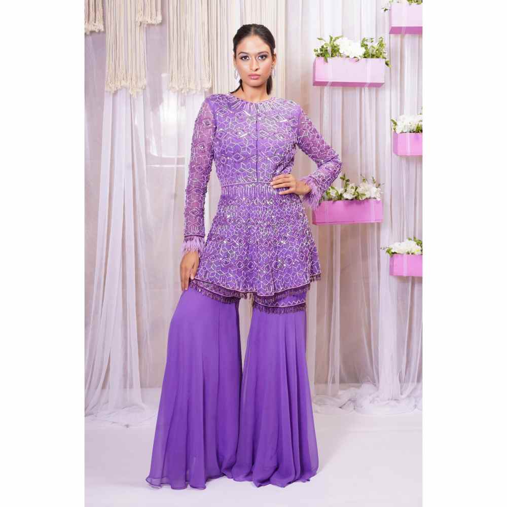 Farha Syed Violet Hand Embellished Peplum Top with Sharara (Set of 2)