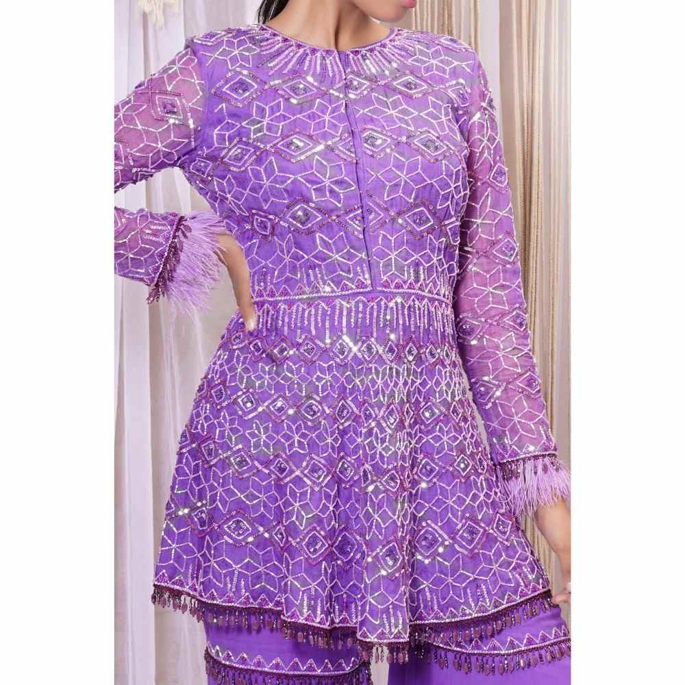 Farha Syed Violet Hand Embellished Peplum Top with Sharara (Set of 2)