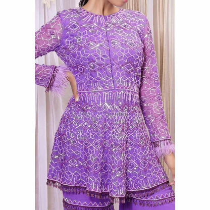 Farha Syed Violet Hand Embellished Peplum Top with Sharara (Set of 2)